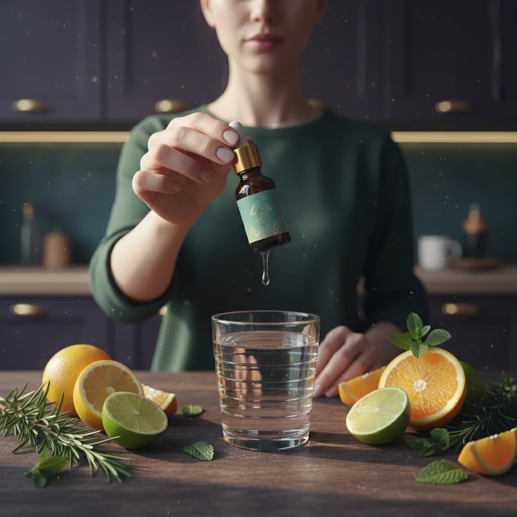 Persoon houdt Ozalyn druppelfles vast naast een glas water - dagelijkse wellness routine supplement druppels